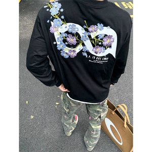 网图有货 情侣重工刺绣过肩花丛长袖休闲百搭纯棉T恤男女A950-P45图片