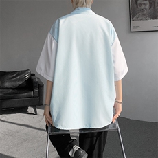 仓库现货CS1120-特批25条纹撞色拼接百搭痞帅大码短袖衬衫，男装衬衫，电商A059