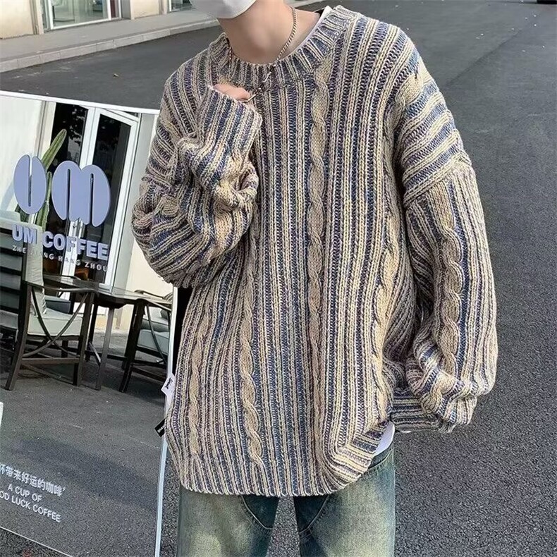 M245-P48美式复古混色条纹针织毛衣慵懒高级感青少年小众,男装针织衫/毛衣,电商B323A