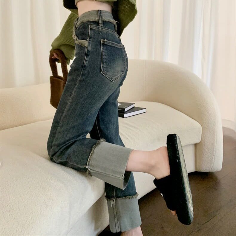 直筒牛仔裤女2025春秋高腰弹力宽松显瘦复古小个子卷边裤九分裤子,男装牛仔裤,星座1210-1