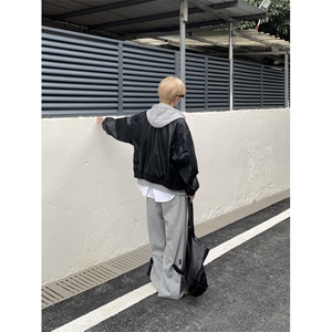 PY10-P105  春秋美式假两件皮衣外套男女宽松连帽皮夹克图片