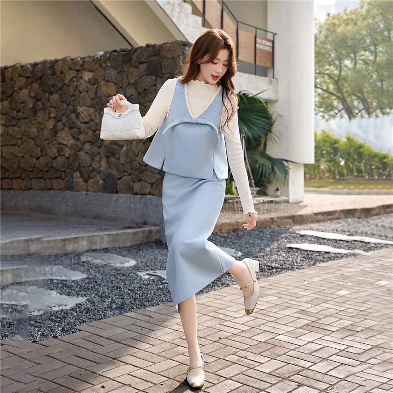 设计感洋气套装裙女2026冬新款拼接马甲打底衫半身裙三件套套装,女装套装/套裙,冬木谷雨