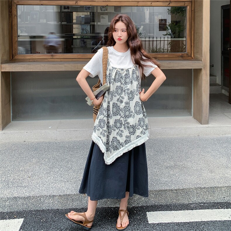 韩版复古刺绣松弛感连衣裙T恤两件套女2025年夏季新款高级感套装图片