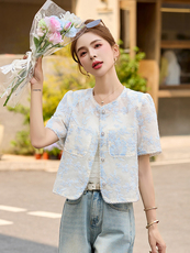 时尚名媛香风轻奢重工刺绣薄款短袖上衣女2025夏新中式国风外套，女装短外套，伊仟回