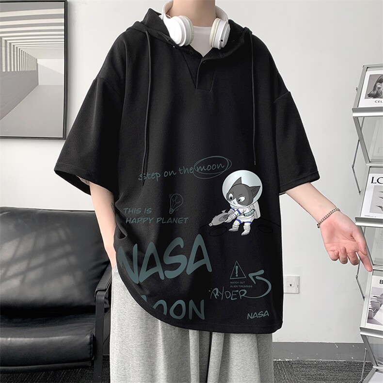 LD54187-P45NASA联名同款连帽短袖t恤男大码胖子带帽五分袖大皂风,男装T恤,电商A040