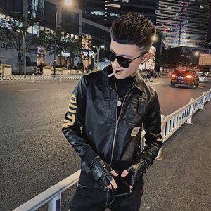 休闲修身翻领韩版机车服痞帅社会小伙水洗皮衣夹克D809-P118控148图片