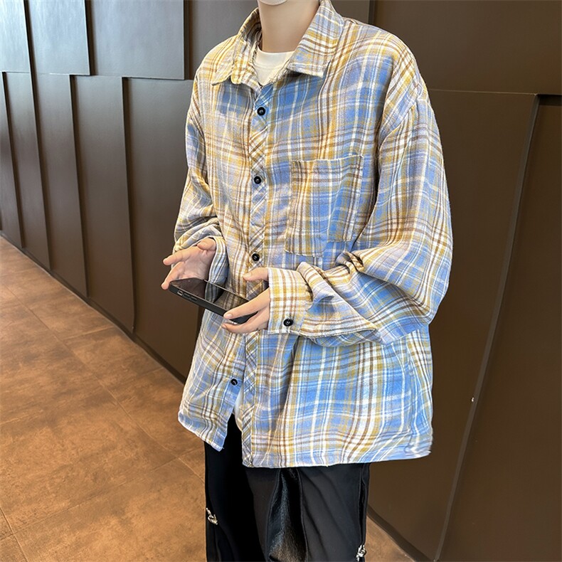 长袖衬衫男款2024春秋新款痞帅潮流日系复古格子大码翻领衬衣外套,男装衬衫,星座410-7