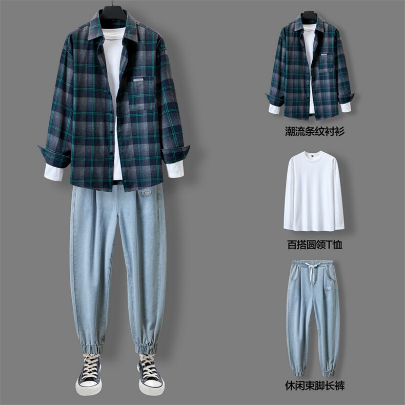 男士休闲套装春秋季运动痞帅衬衫搭配2021新款三件套DF161T,男装衬衫,电商A102