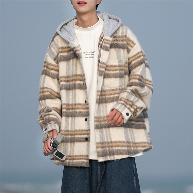 2025秋冬新款毛呢料格子宽松连帽大码夹克外套A017JK8051P90,男装夹克,电商A017
