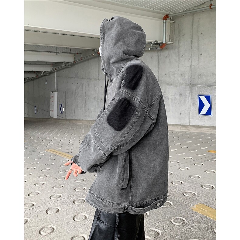 欧美hiphop外套男潮高级感水洗做旧拼接连帽牛仔卫衣美式复古外套,男装工装外套,星座1210-1