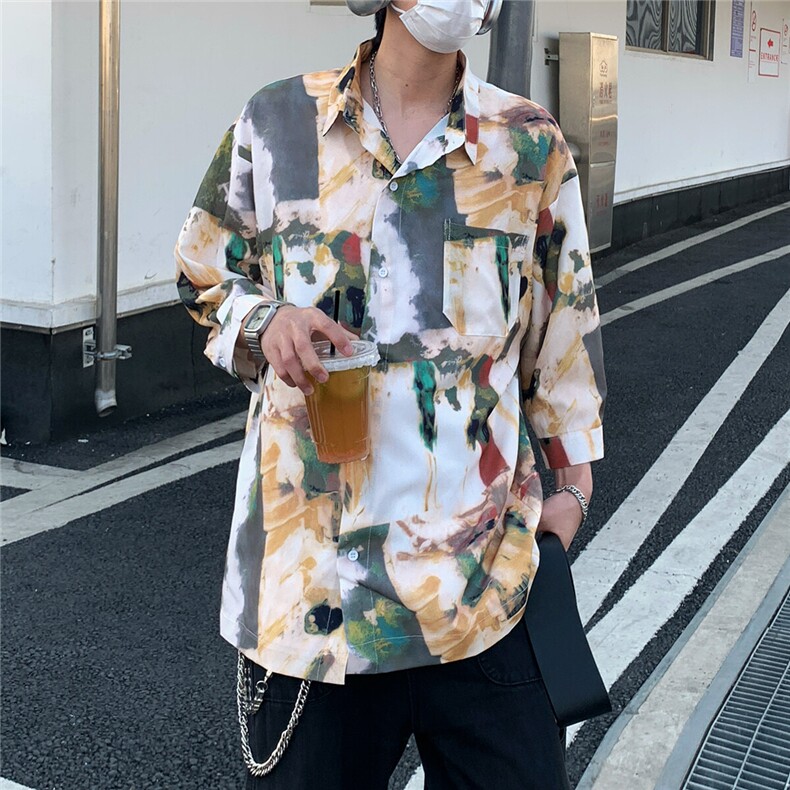 2026夏休闲水墨画冰丝凉感短袖五分袖半袖衬衫CS29/特P30卡其3,男装衬衫,电商A094