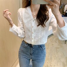 2021秋季新款韩版超仙甜美娃娃领长袖蕾丝打底衫显瘦衬衣上衣女，女装蕾丝衫/雪纺衫，潮品会