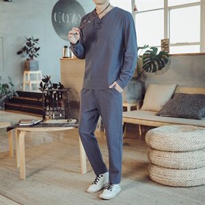 DY28*2021春秋季季男士棉麻长袖T恤中国风两件套装男 灰蓝色 *P75图片