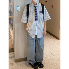 夏季新款日系复古小众翻领条纹短袖衬衫男女休闲宽松衬衣JQC02P33，男装衬衫，星座1116-2