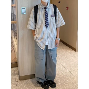 夏季新款日系复古小众翻领条纹短袖衬衫男女休闲宽松衬衣JQC02P33图片