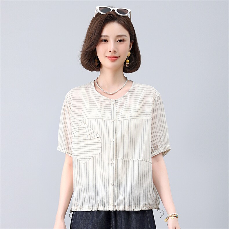 纯棉薄款衬衣中袖夏季新款韩版竖条纹短袖衬衫女清新气质减龄上衣,女装衬衫,叶笙衣