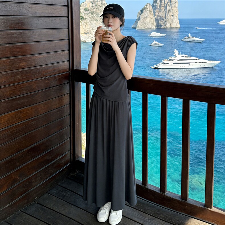 设计感时尚气质套装裙女夏季新款修身褶皱短袖上衣半身长裙两件套，女装套装/套裙，江南