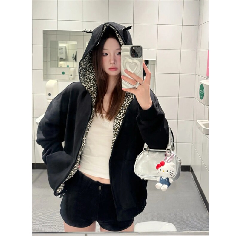 XZ1005-1-TTH0712-P75耳朵豹纹连帽卫衣外套男女情侣连帽开衫外套,女装短外套,星座1005-1