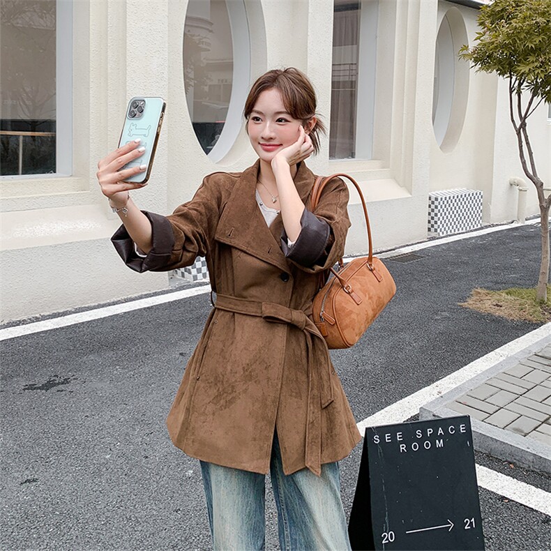 现高级感美拉德麂皮绒风衣外套2595P185K278,女装风衣,2C029