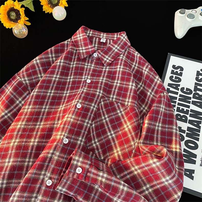 衬衣男春季新款港风宽松大码磨毛格子长袖衬衫CS530-P38，男装衬衫，星座214-3