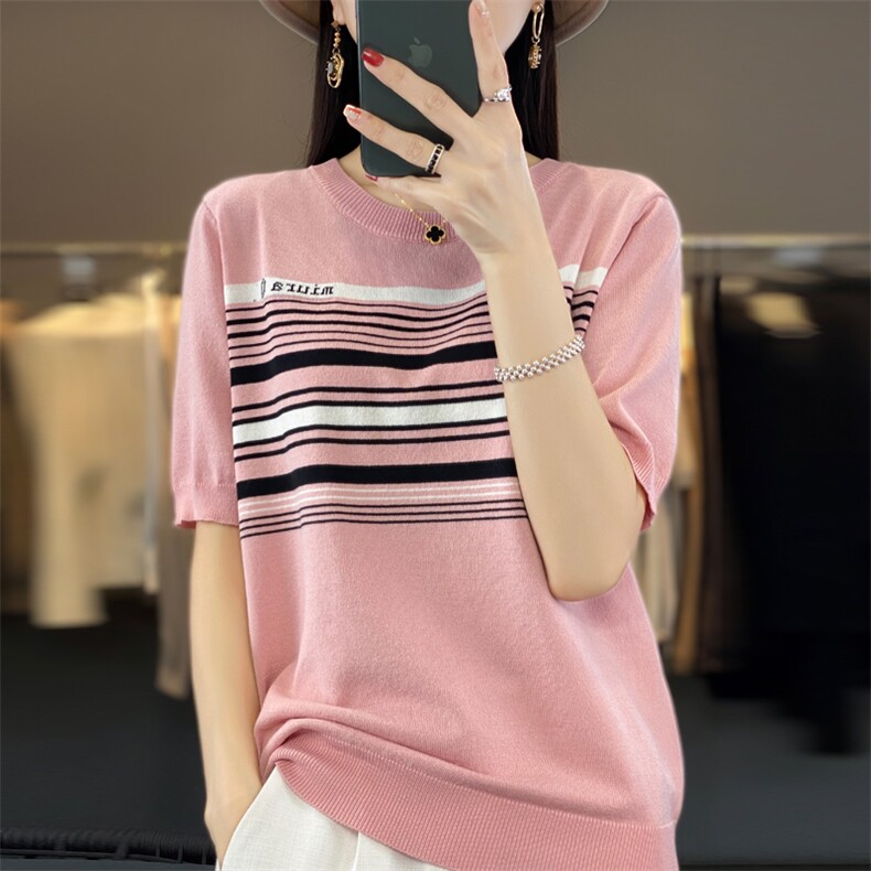 女士夏季时尚气质百搭轻薄凉爽的天丝条纹短袖图片