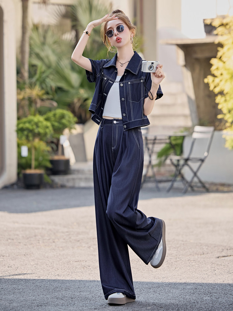 （新款现货）2026夏时尚薄款天丝牛仔短袖阔腿裤套装女（两件套）,女装牛仔外套,印象茜
