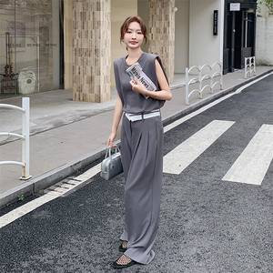 又A又飒无袖上衣套装女夏新款显瘦气质垂感西装垂感阔腿裤两件套图片
