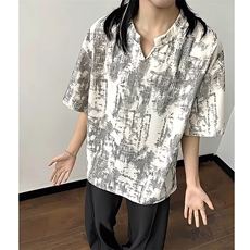 美式复古扎染v领短袖t恤男款2025新款夏季小众设计感宽松男士半袖，男装T恤，星座506A