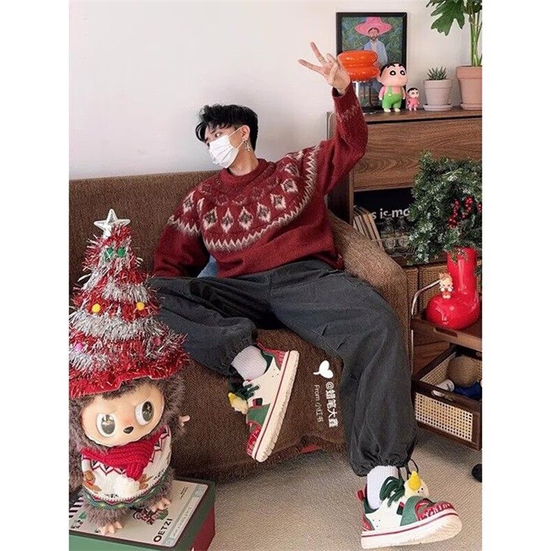 节日氛围穿搭复古费尔岛纹圆领套头毛衫针织衫毛衣MZ988-P57,男装针织衫/毛衣,星座412-3