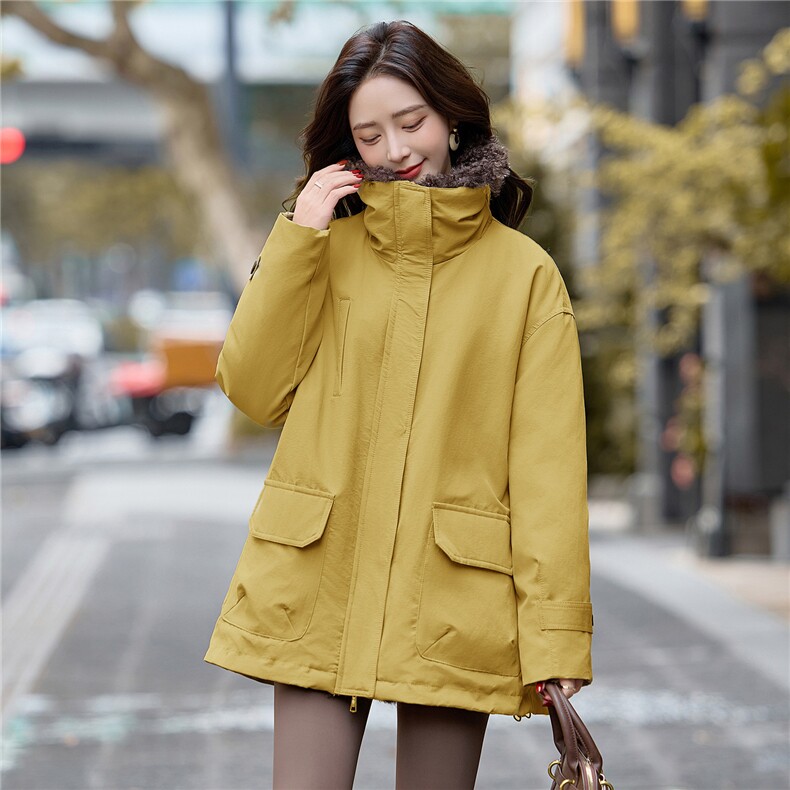 羊羔毛大翻领派克服女2025年冬季白鸭绒加厚保暖外套，女装派克服，贝蕾酷儿