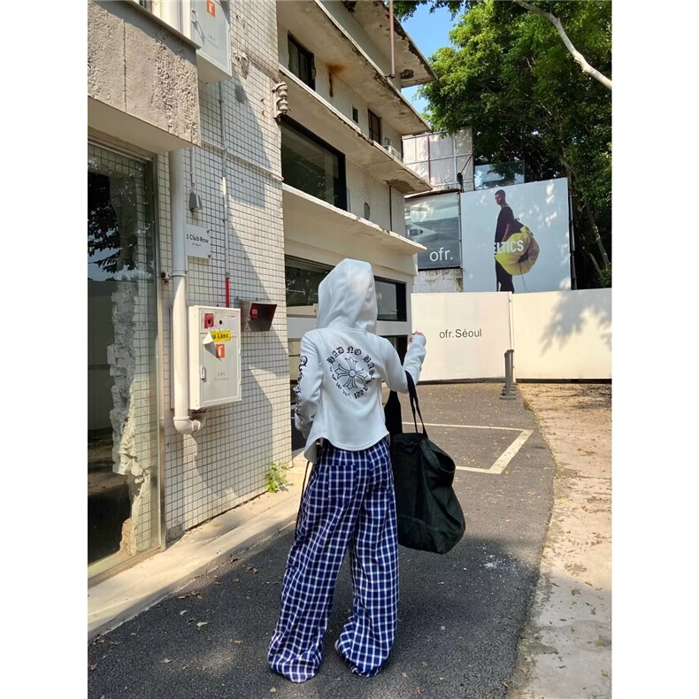 复古格子休闲裤男女慵懒氛围感宽松直筒排扣设计裤子MK9053P56,男装休闲裤,星座1013-5