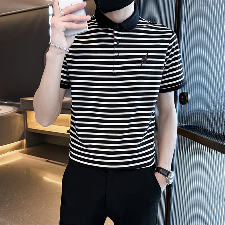 经典条纹翻领T恤短袖Polo衫弹力时尚高级感上衣T0270-P50,男装T恤,电商D342