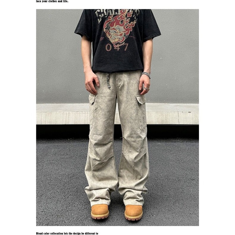 W11069-P53 网图现货 春季新款大理石纹褶皱口袋美式休闲工装裤图片