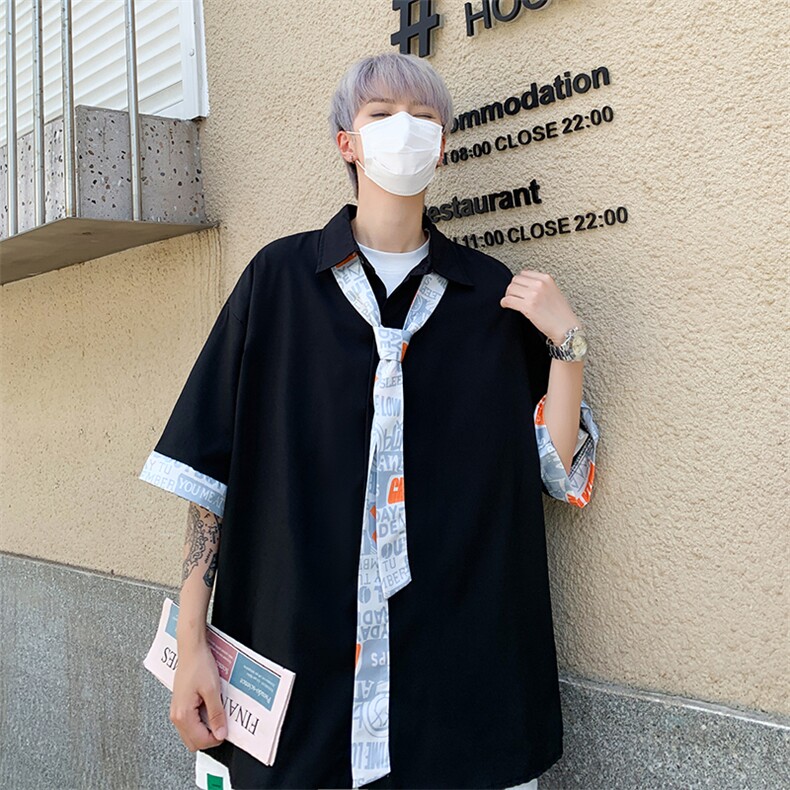 送领带衬衫男韩版潮流短袖拼色2022夏季新款ins宽松外套W2966-P32,男装衬衫,星座412-2