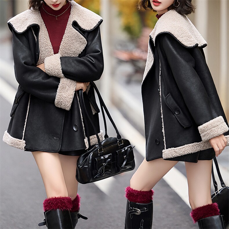 冬天大翻领羊羔毛皮毛一体羊羔绒厚外套女秋冬2024新款高级感，女装羊羔毛/颗粒绒，美拉德工厂直营店