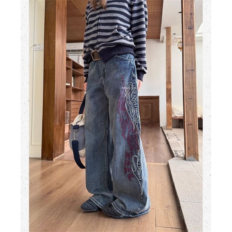 美式复古刺绣宽松直筒竹节纹牛仔裤男女阔腿街头cleanfit长裤潮，男装牛仔裤，四季星座505