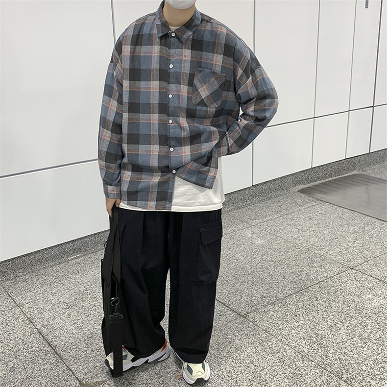 夏季ins港风复古格子宽松衬衫潮流宽松百搭薄款上衣W1203-P32,男装衬衫,星座512-4