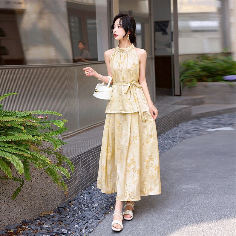 三彩2025夏季新款新中式套装无袖提花吊带两件套半身裙长裙女M图片
