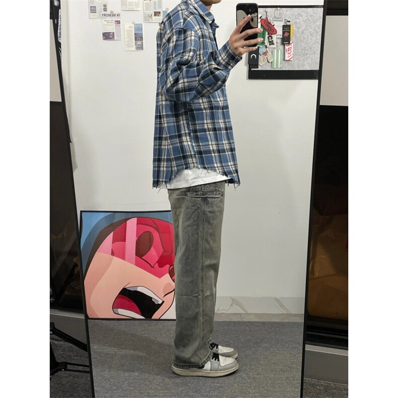 蓝色美式格纹衬衫男毛边格子长袖衬衣外套B326-P45,男装衬衫,星座1007（原301D）