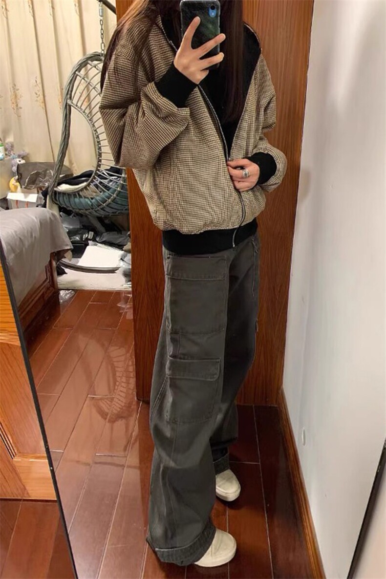美式复古双面穿千鸟格拉链连帽卫衣外套休闲夹克上衣JK273特P62,男装夹克,星座908-1