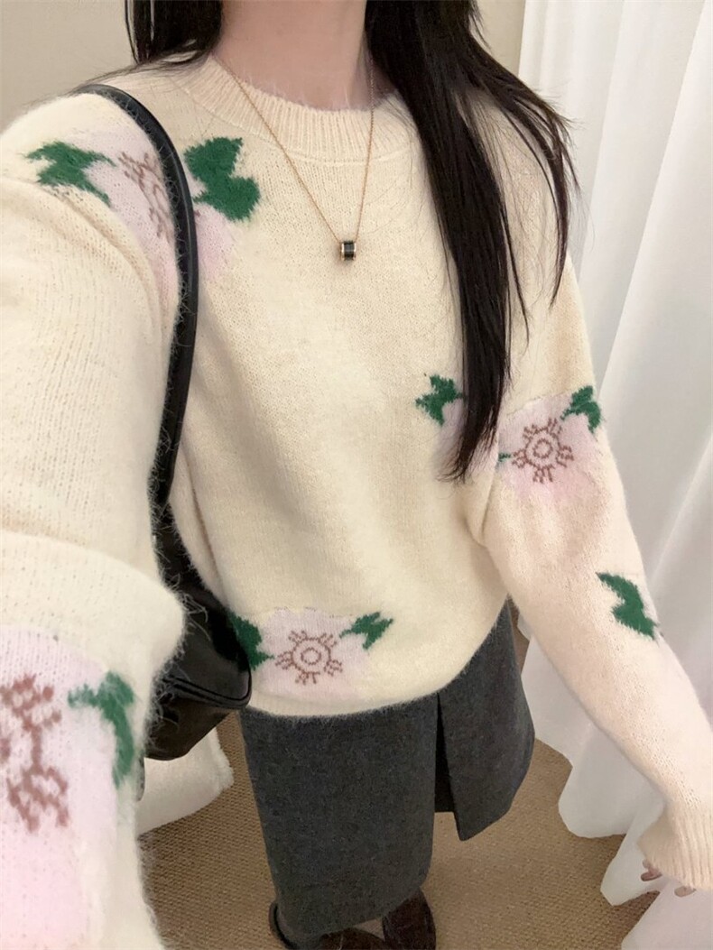 2026年秋季时尚百搭通勤简约休闲牡丹花圆领，女装针织衫/毛衣，臻纶羊绒