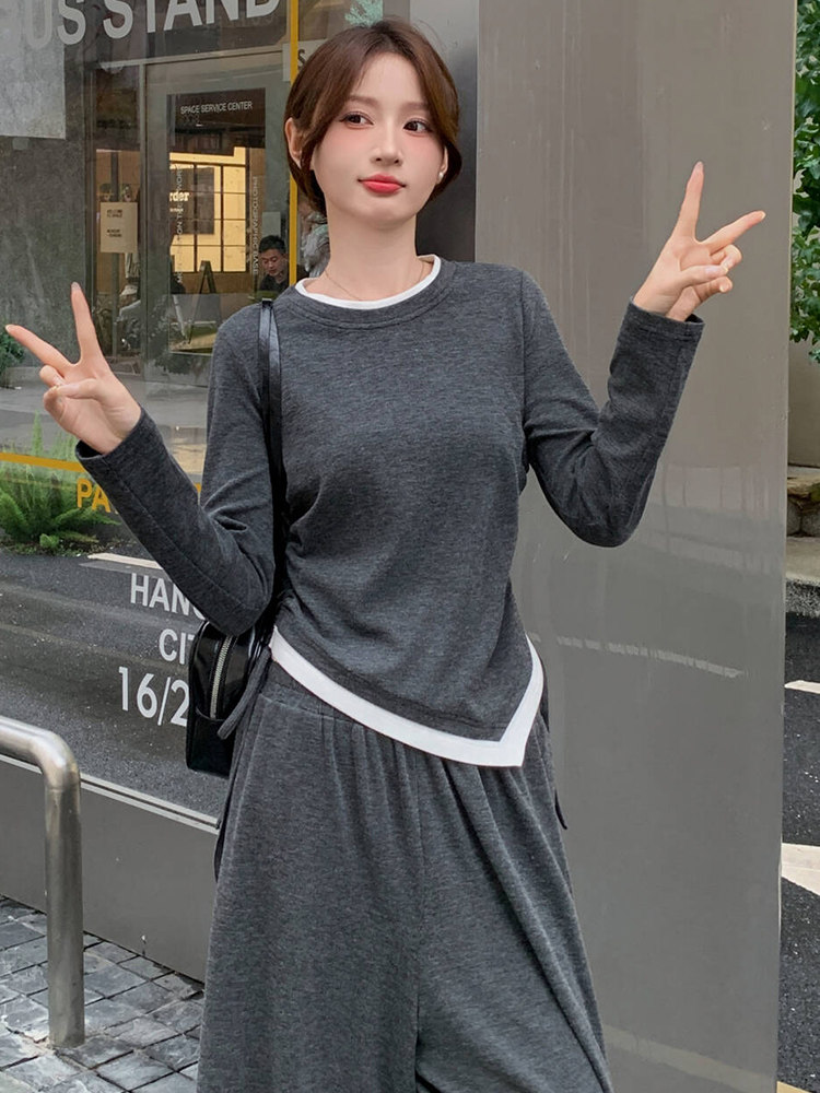 2025年秋季新款时尚潮流舒适棉质感显瘦大摆裤两件套,女装套装/套裙,心心服饰