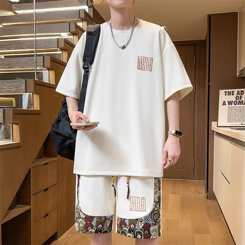 刺绣套装男小熊短裤T恤两件套拼接休闲运动夏季A266-TZ7708-P48,男装牛仔裤,电商A266