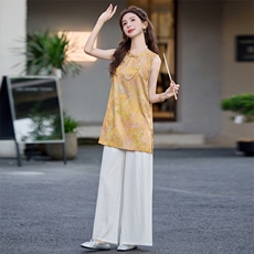 阔腿裤套装女夏新款高级感小个子新新中式时尚盘扣印花上衣两件套，女装套装/套裙，意芙