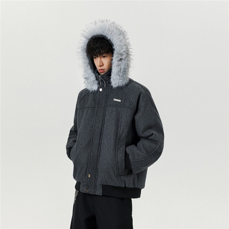 图座山雕毛领连帽休闲毛呢拼接秋冬棉服情侣款上衣外套P118,男装棉衣,电商C306-1