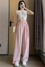 亚麻新中式风盘扣阔腿裤女2024夏季新款高腰垂感窄版阔腿休闲，女装休闲裤，梦白服饰厂