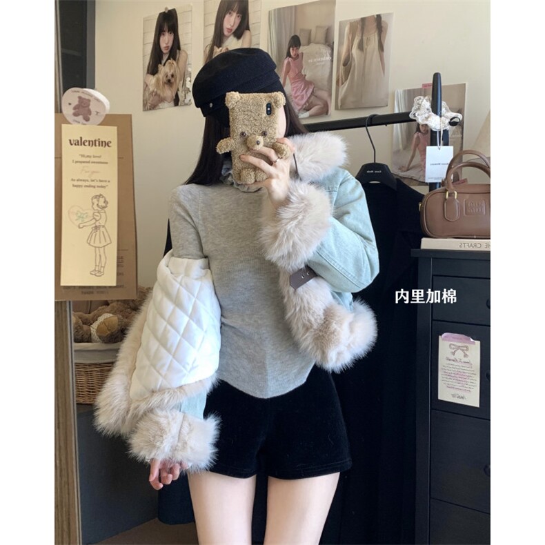 A463-P130设计感毛领蓝牛仔外套时尚夹绒加厚保暖仿皮草毛绒大衣,男装棉衣,星座911