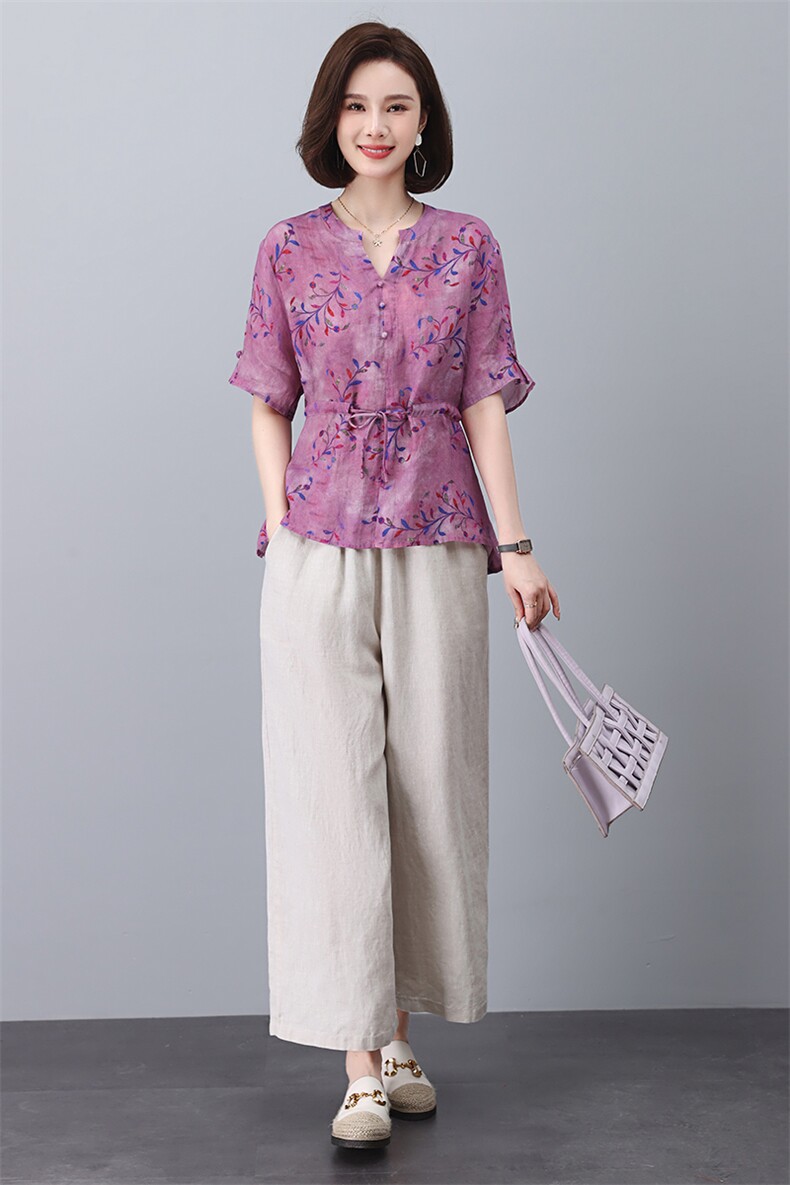棉麻套装女夏装2024年夏季新款妈妈休闲高端洋气时尚阔腿裤两件套,女装套装/套裙,凝聚力
