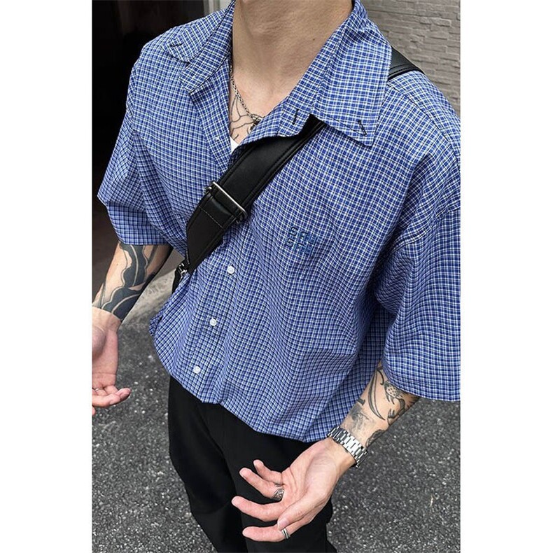 网络图现货新款美式蓝色格子短袖衬衫男女百搭衬衣RC11-P55图片