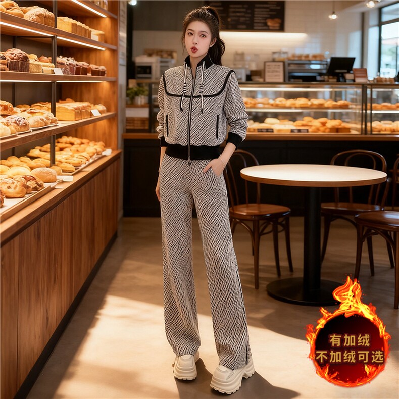 高级感洋气拼接时尚套装女秋冬新款短款拉链开衫卫衣阔腿长裤套装,女装套装/套裙,2C310